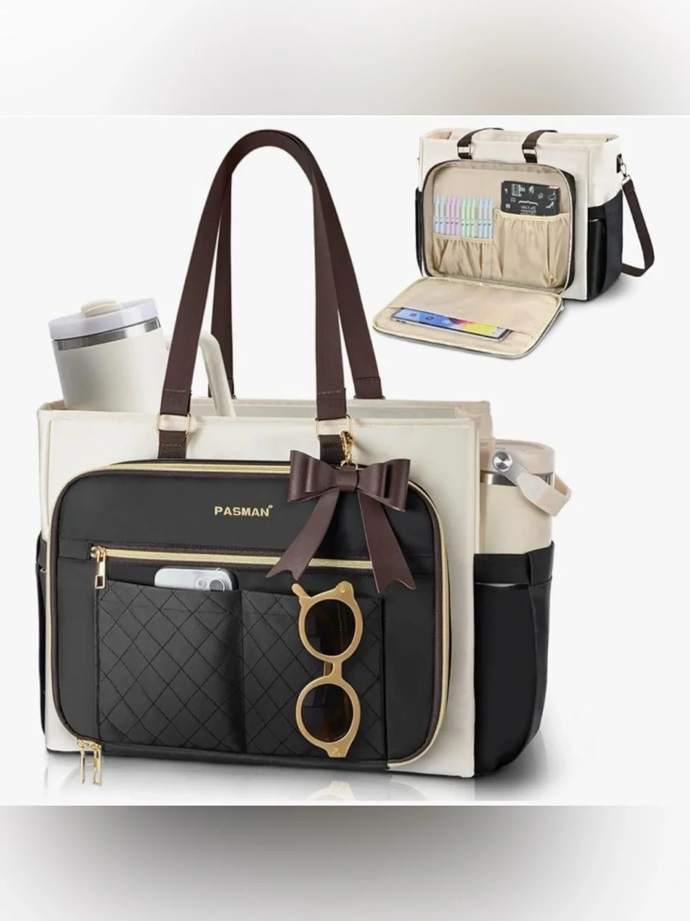 Black and Cream Women’s Organizer Tote Bag
